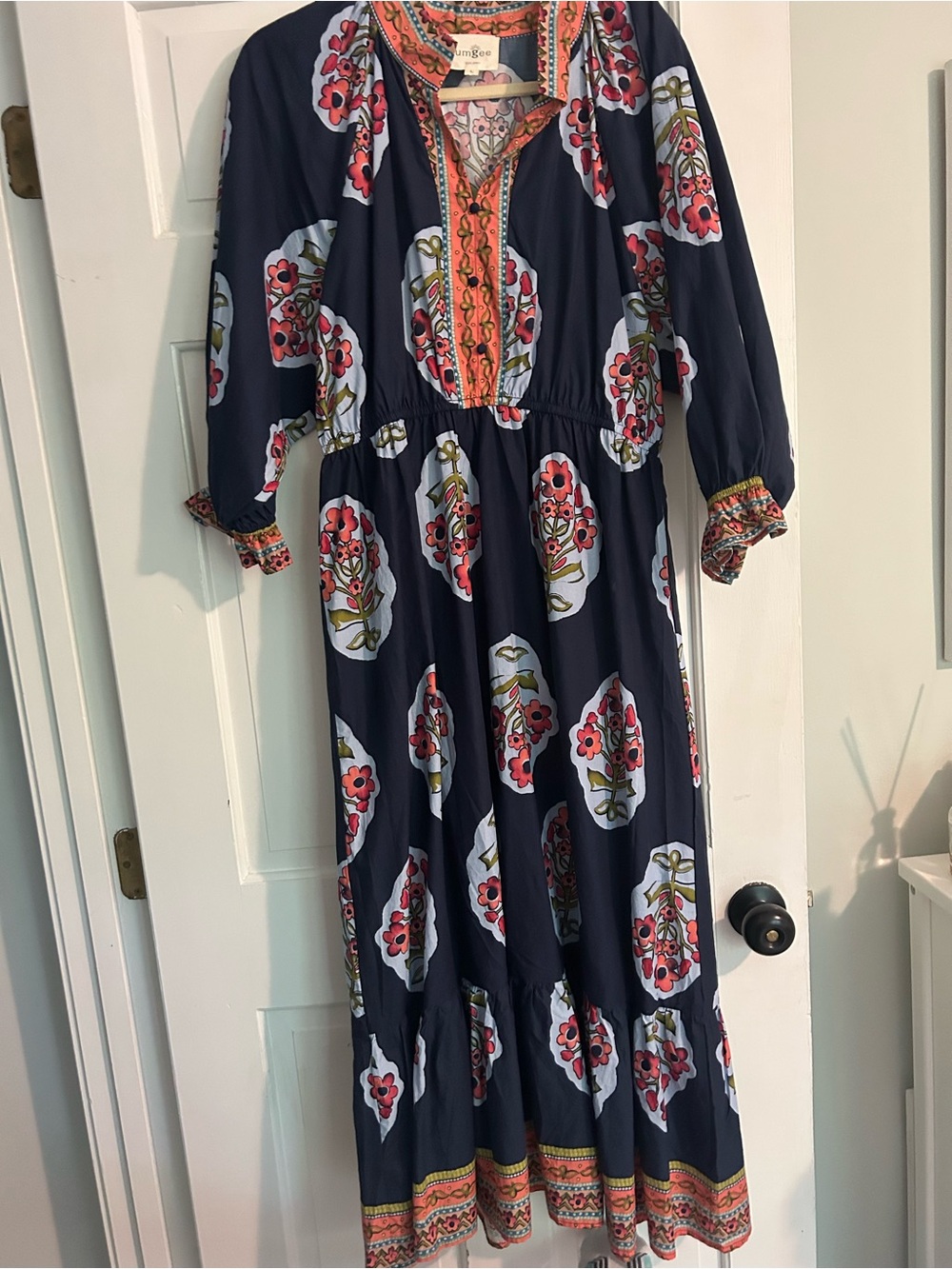 Umgee Navy Maxi Dress with Coral Floral Print